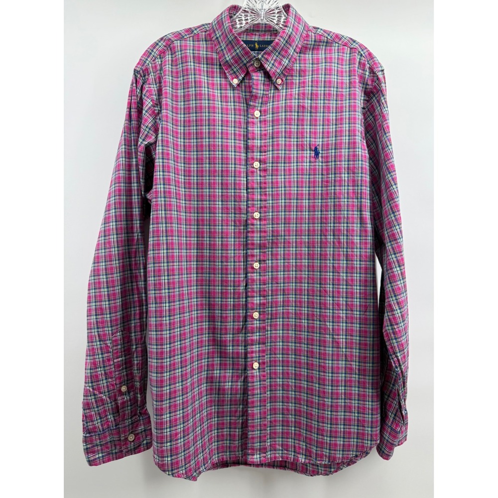 Ralph Lauren Mens Large Pink Green Plaid Long Sleeve Button Down Shirt Preppy